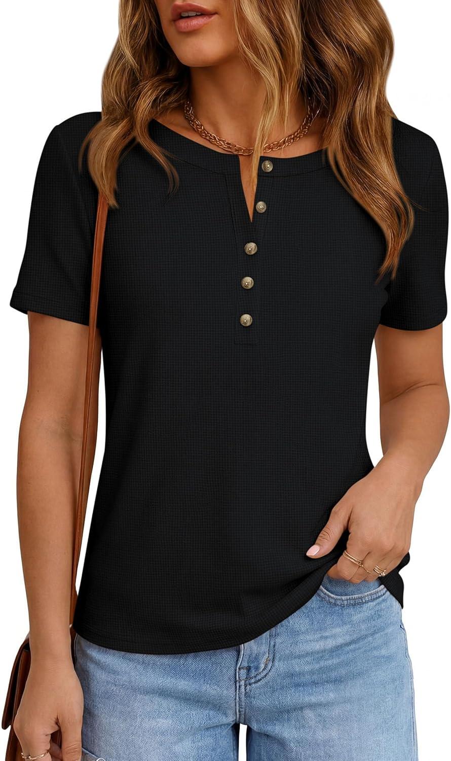 imagePRETTYGARDEN Waffle Knit Tops for Women Short Sleeve Henley Shirts 2026 Summer Blouses Dressy Casual Spring Fashion ClothesBlack