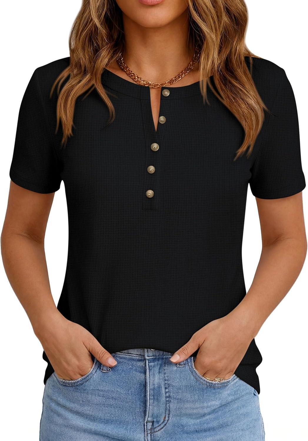 imagePRETTYGARDEN Waffle Knit Tops for Women Short Sleeve Henley Shirts 2026 Summer Blouses Dressy Casual Spring Fashion ClothesBlack