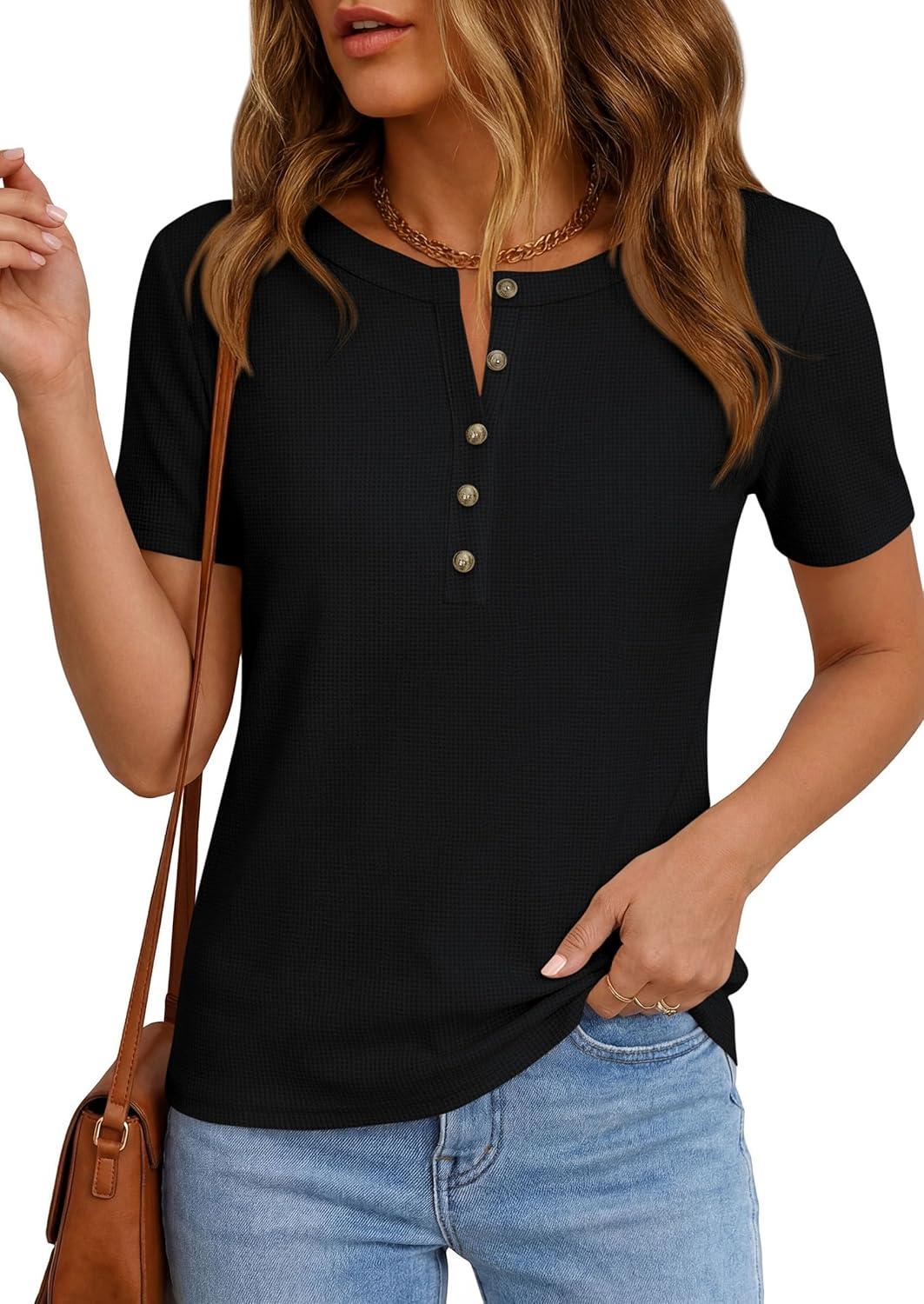 imagePRETTYGARDEN Waffle Knit Tops for Women Short Sleeve Henley Shirts 2026 Summer Blouses Dressy Casual Spring Fashion ClothesBlack