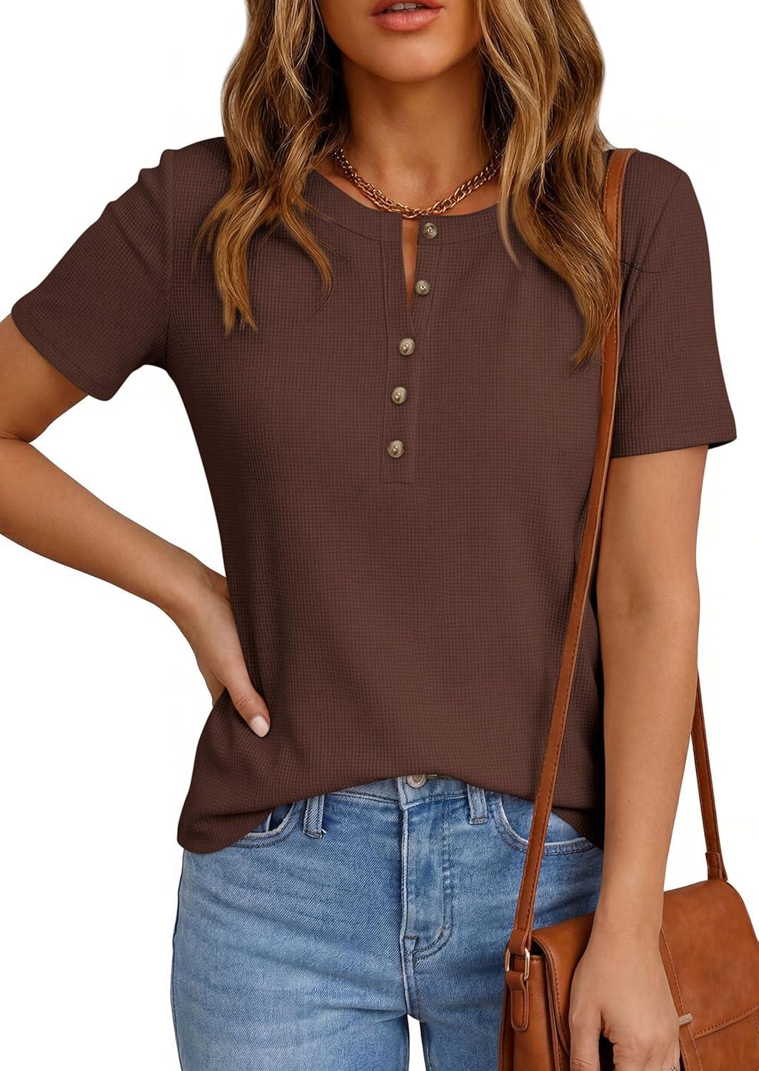imagePRETTYGARDEN Waffle Knit Tops for Women Short Sleeve Henley Shirts 2026 Summer Blouses Dressy Casual Spring Fashion ClothesBrown