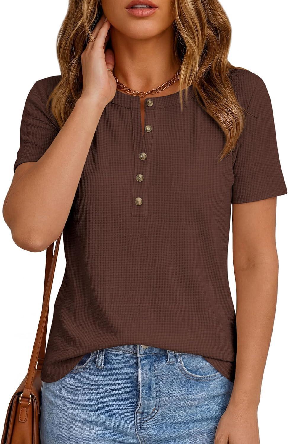 imagePRETTYGARDEN Waffle Knit Tops for Women Short Sleeve Henley Shirts 2026 Summer Blouses Dressy Casual Spring Fashion ClothesBrown