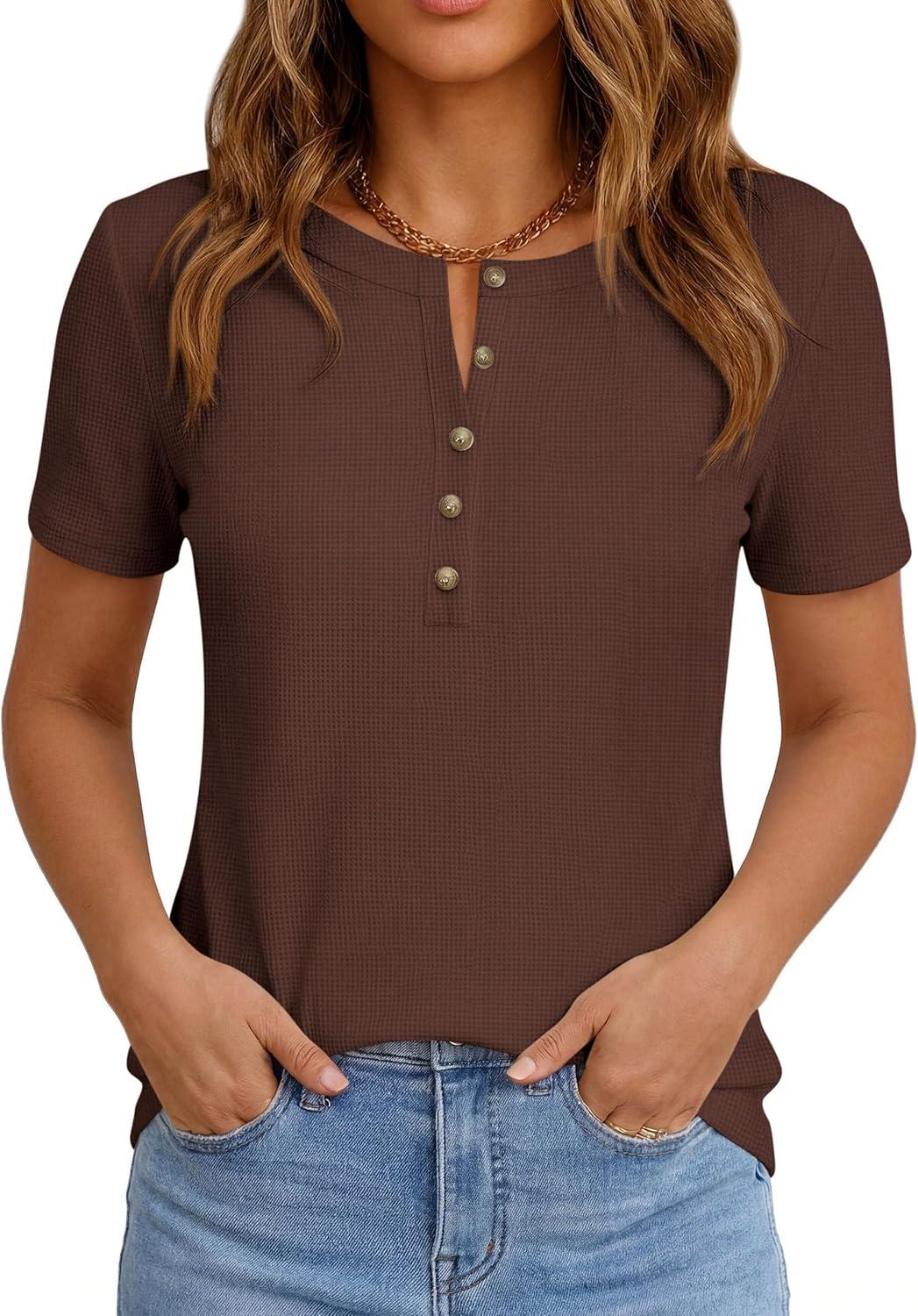 imagePRETTYGARDEN Waffle Knit Tops for Women Short Sleeve Henley Shirts 2026 Summer Blouses Dressy Casual Spring Fashion ClothesBrown