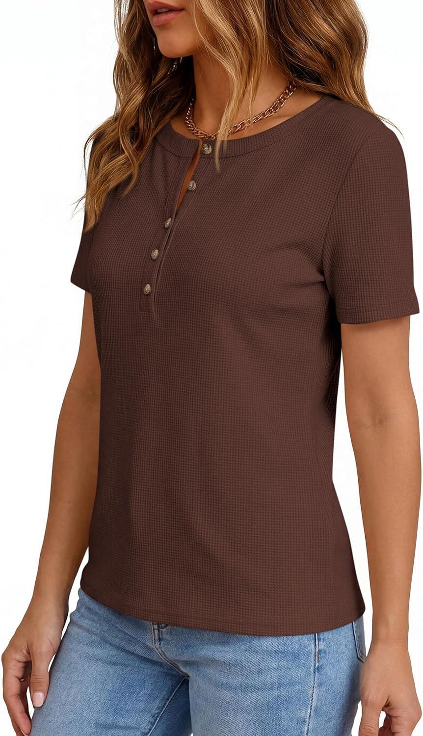 imagePRETTYGARDEN Waffle Knit Tops for Women Short Sleeve Henley Shirts 2026 Summer Blouses Dressy Casual Spring Fashion ClothesBrown