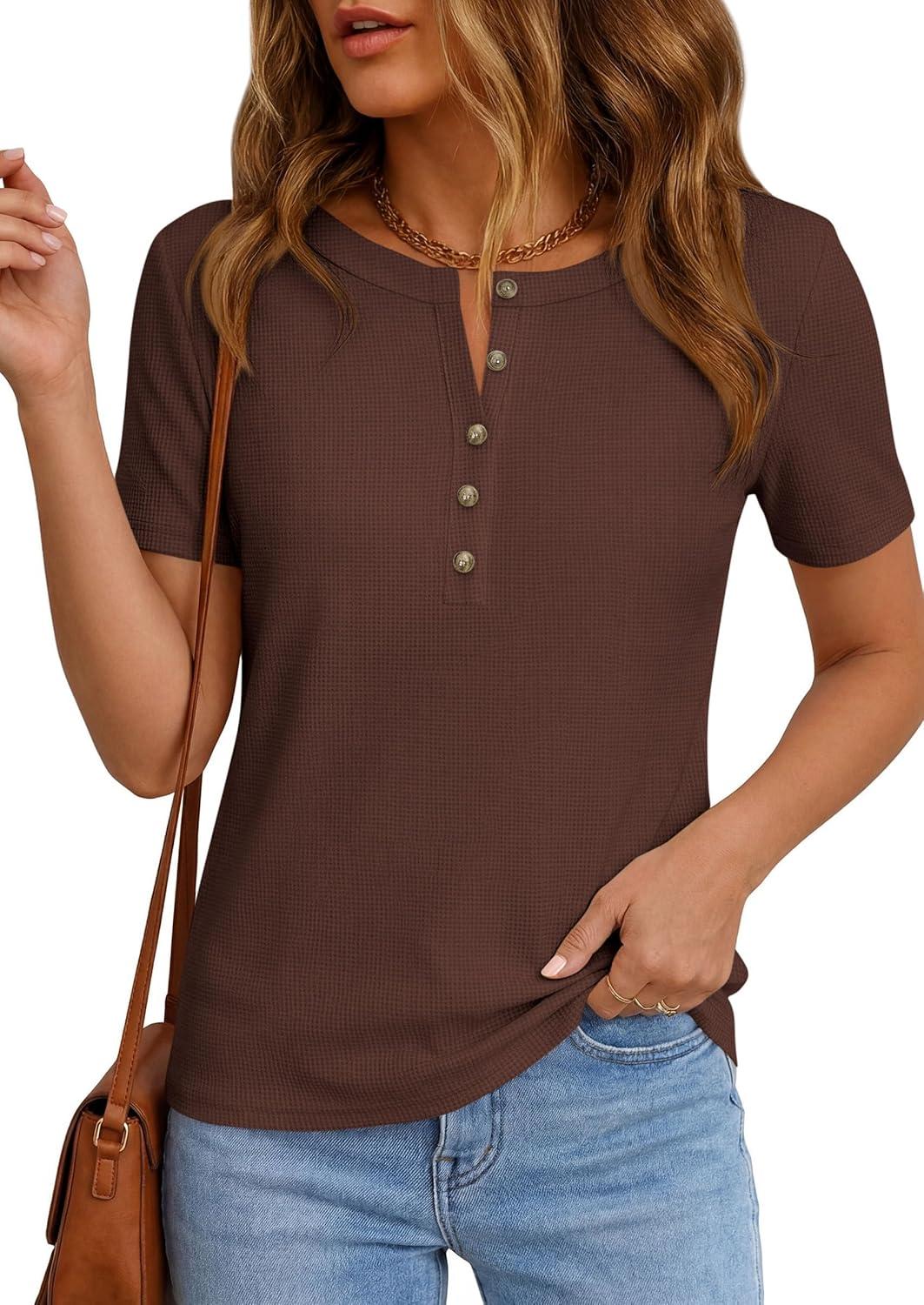 imagePRETTYGARDEN Waffle Knit Tops for Women Short Sleeve Henley Shirts 2026 Summer Blouses Dressy Casual Spring Fashion ClothesBrown