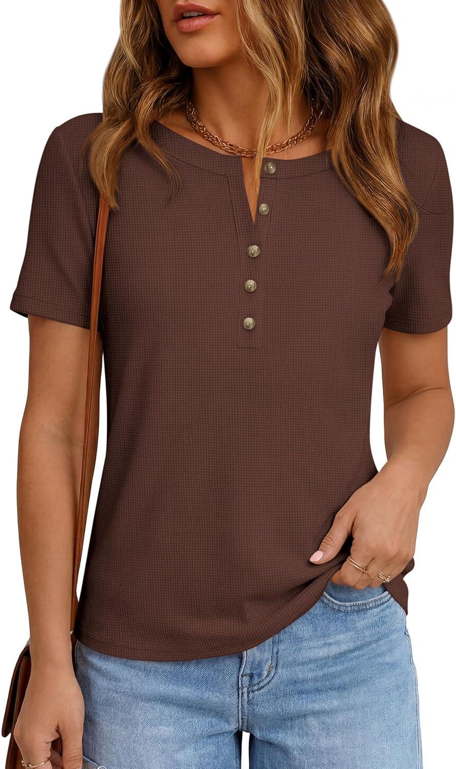 imagePRETTYGARDEN Waffle Knit Tops for Women Short Sleeve Henley Shirts 2026 Summer Blouses Dressy Casual Spring Fashion ClothesBrown
