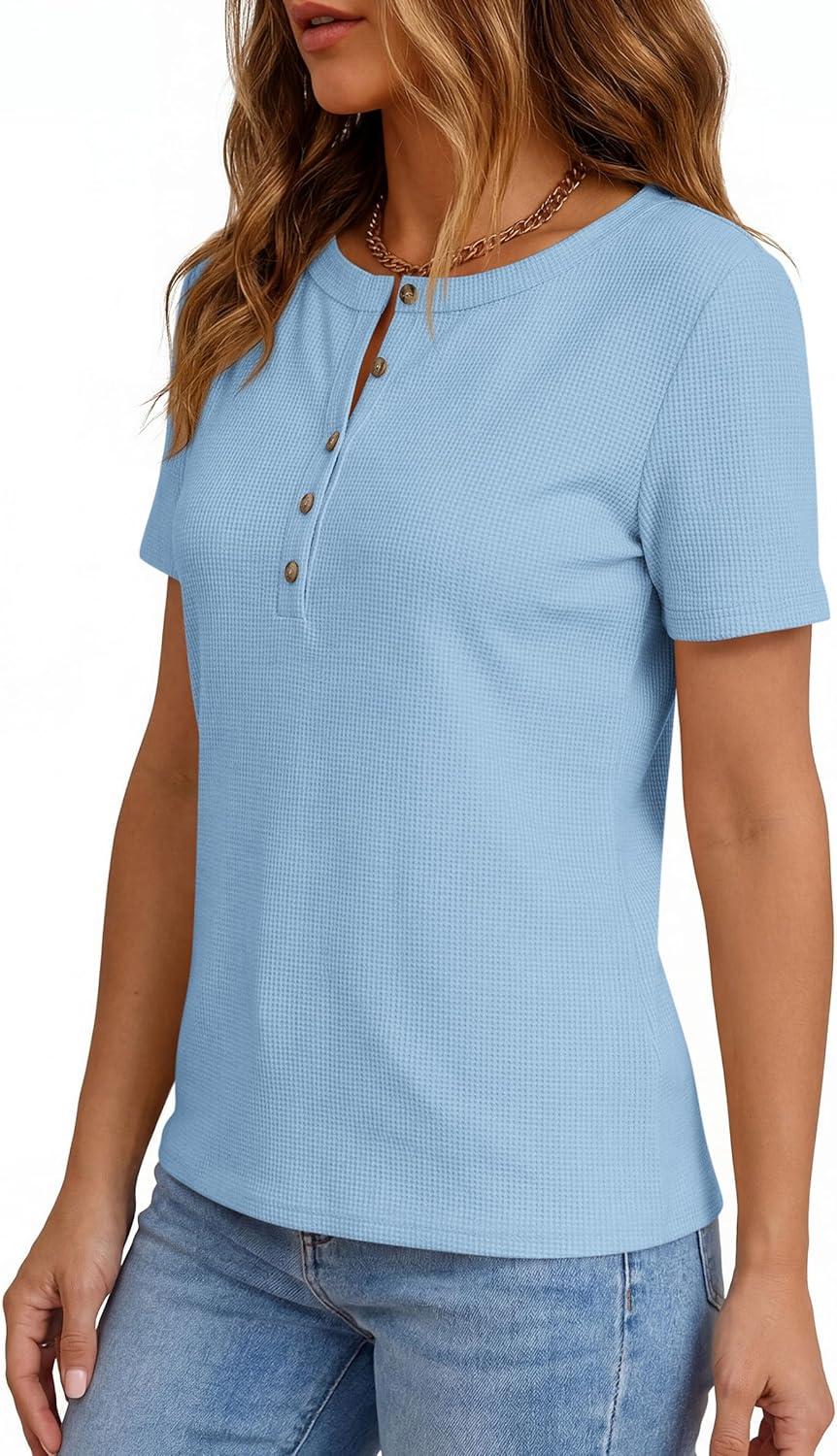imagePRETTYGARDEN Waffle Knit Tops for Women Short Sleeve Henley Shirts 2026 Summer Blouses Dressy Casual Spring Fashion ClothesLight Blue