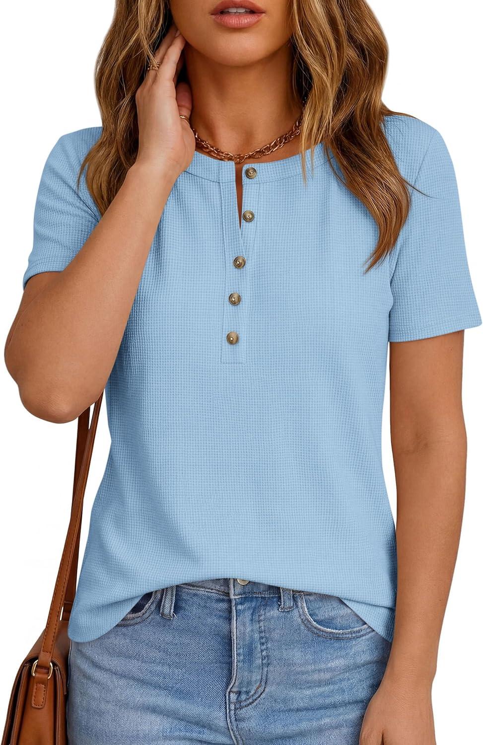 imagePRETTYGARDEN Waffle Knit Tops for Women Short Sleeve Henley Shirts 2026 Summer Blouses Dressy Casual Spring Fashion ClothesLight Blue