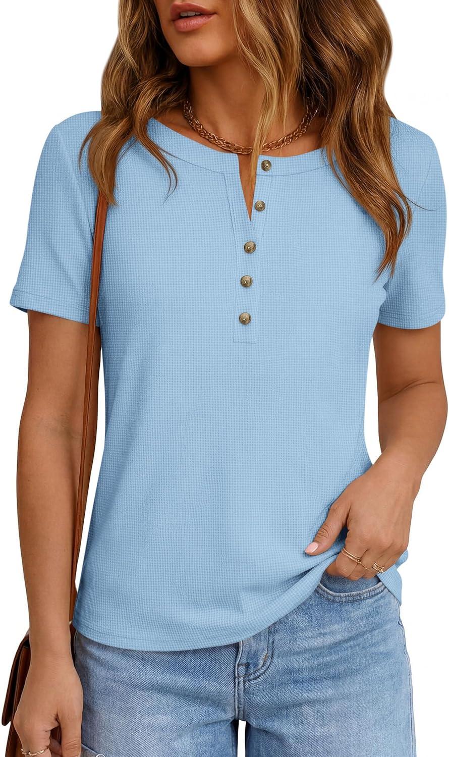 imagePRETTYGARDEN Waffle Knit Tops for Women Short Sleeve Henley Shirts 2026 Summer Blouses Dressy Casual Spring Fashion ClothesLight Blue