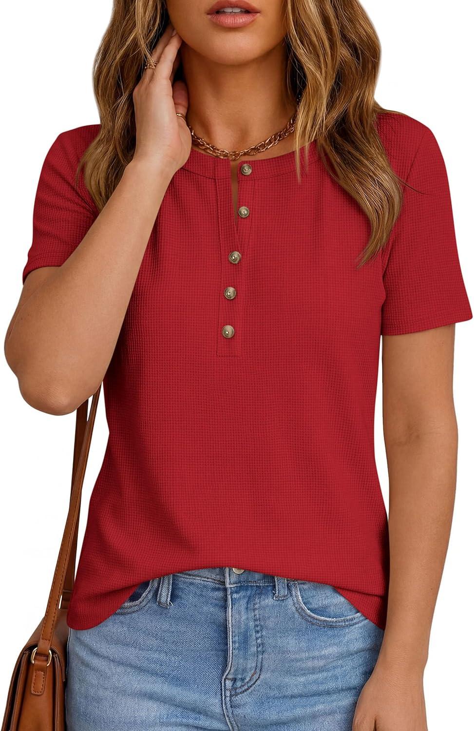 imagePRETTYGARDEN Waffle Knit Tops for Women Short Sleeve Henley Shirts 2026 Summer Blouses Dressy Casual Spring Fashion ClothesRed