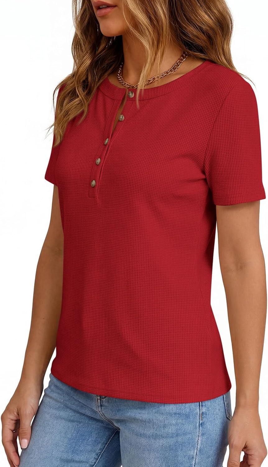 imagePRETTYGARDEN Waffle Knit Tops for Women Short Sleeve Henley Shirts 2026 Summer Blouses Dressy Casual Spring Fashion ClothesRed