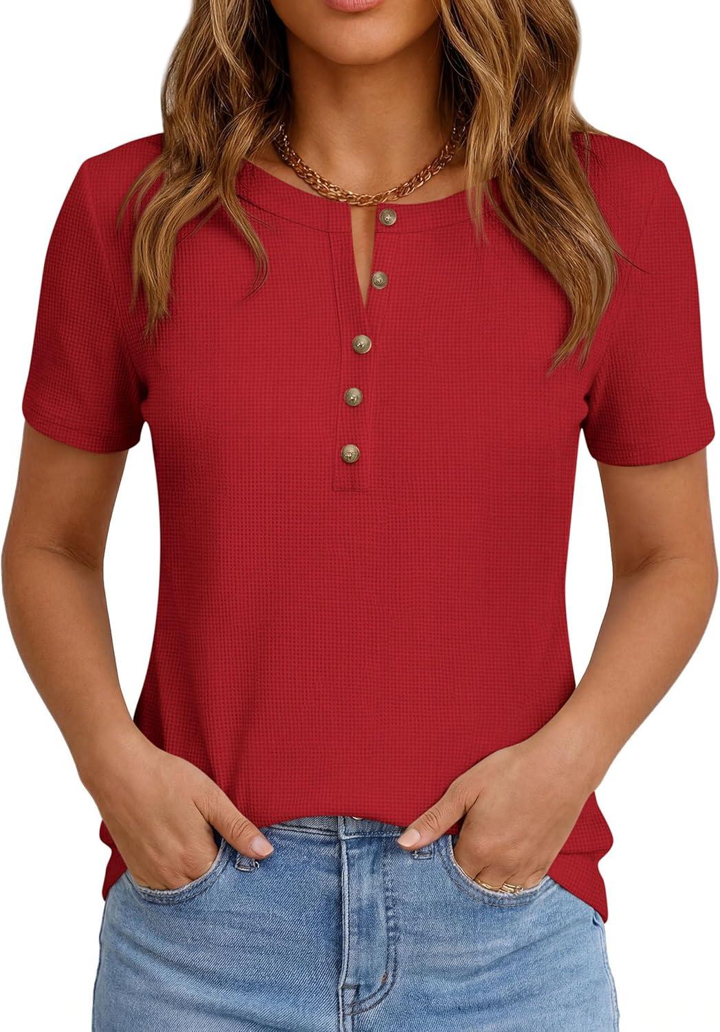 imagePRETTYGARDEN Waffle Knit Tops for Women Short Sleeve Henley Shirts 2026 Summer Blouses Dressy Casual Spring Fashion ClothesRed