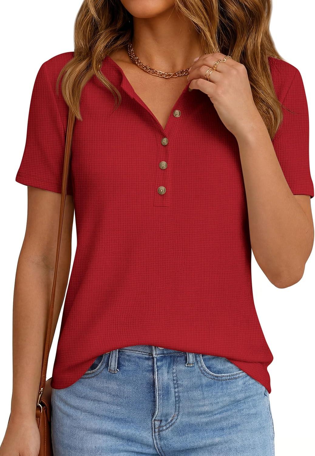 imagePRETTYGARDEN Waffle Knit Tops for Women Short Sleeve Henley Shirts 2026 Summer Blouses Dressy Casual Spring Fashion ClothesRed