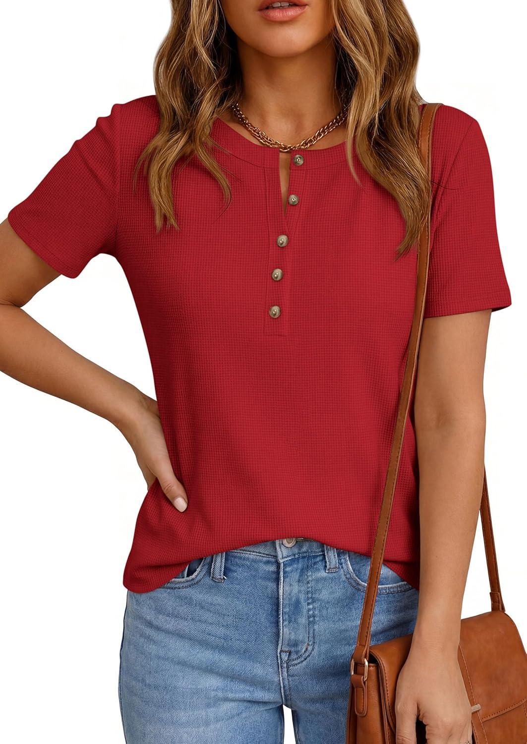 imagePRETTYGARDEN Waffle Knit Tops for Women Short Sleeve Henley Shirts 2026 Summer Blouses Dressy Casual Spring Fashion ClothesRed