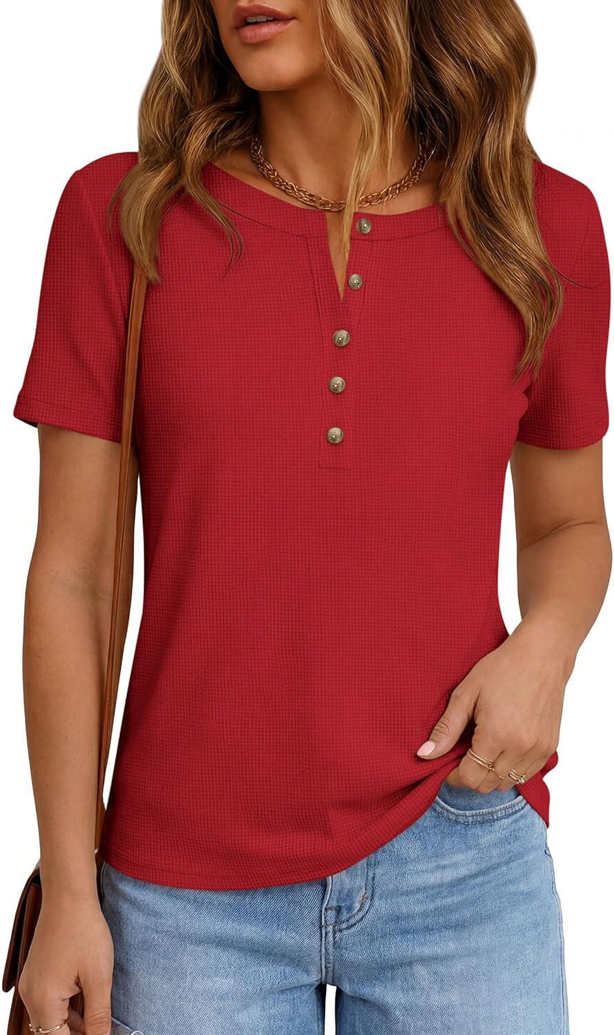 imagePRETTYGARDEN Waffle Knit Tops for Women Short Sleeve Henley Shirts 2026 Summer Blouses Dressy Casual Spring Fashion ClothesRed