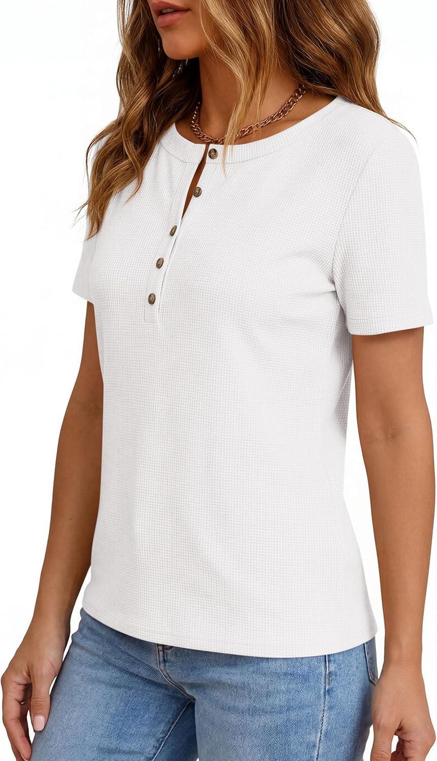 imagePRETTYGARDEN Waffle Knit Tops for Women Short Sleeve Henley Shirts 2026 Summer Blouses Dressy Casual Spring Fashion ClothesWhite