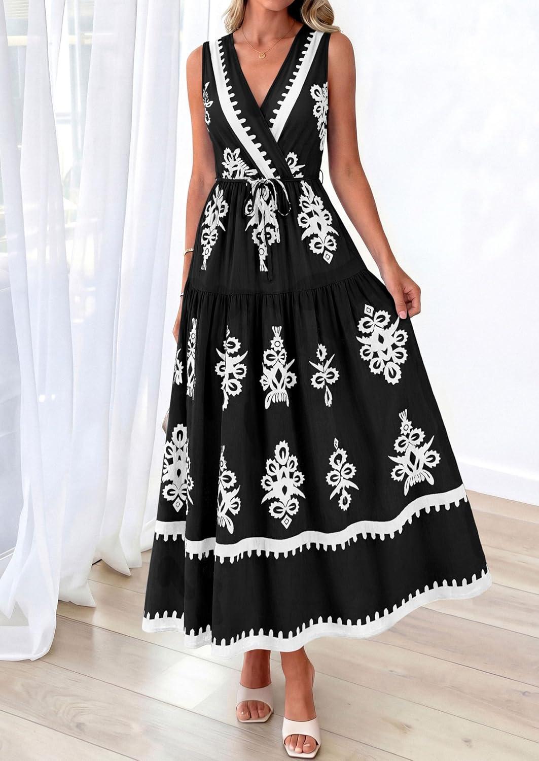 imagePRETTYGARDEN Womens Floral Maxi Dress 2026 Sleeveless Vneck Belt Ruffle Long Dresses Boho Summer Beach Vacation ClothesBlack