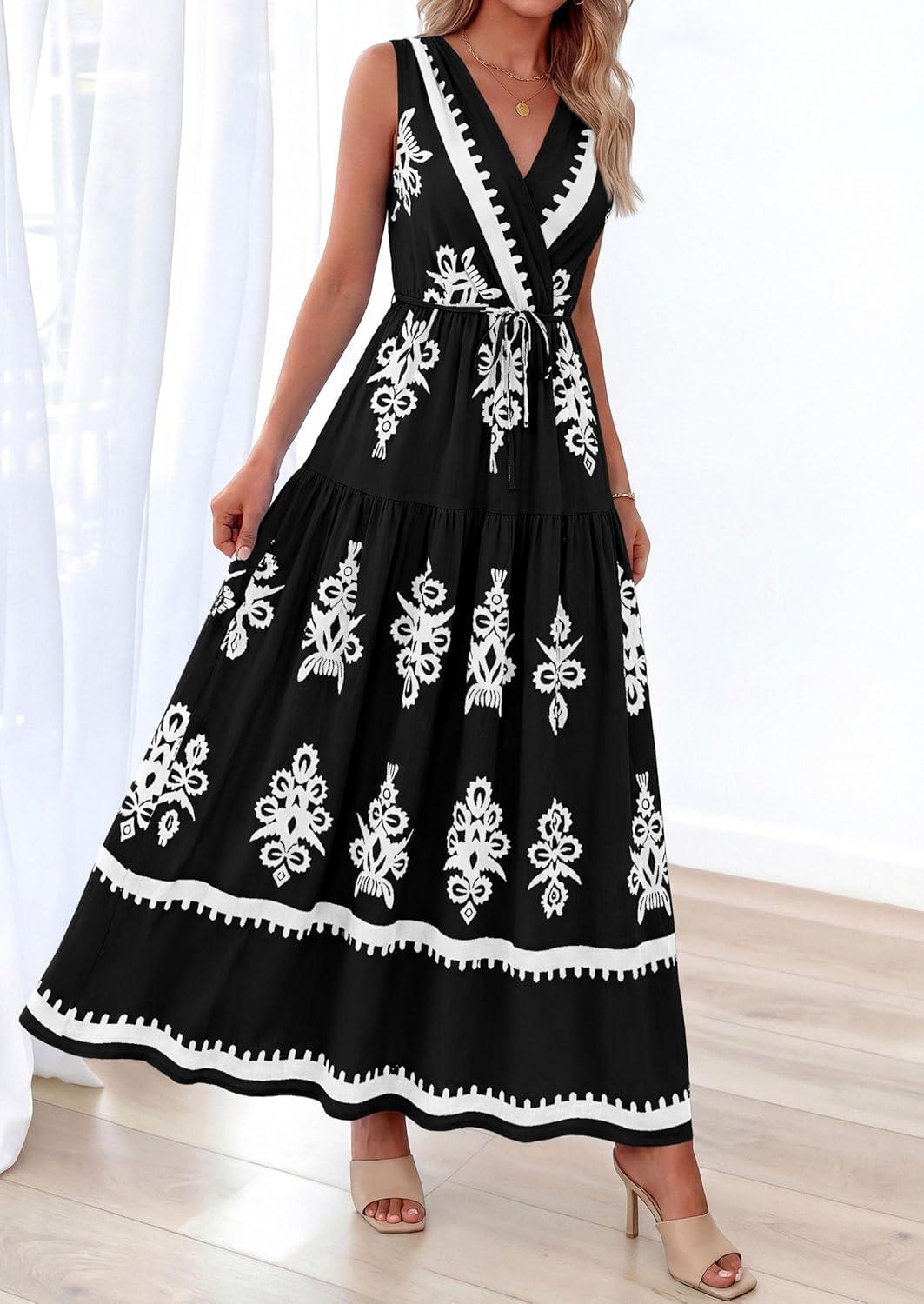 imagePRETTYGARDEN Womens Floral Maxi Dress 2026 Sleeveless Vneck Belt Ruffle Long Dresses Boho Summer Beach Vacation ClothesBlack
