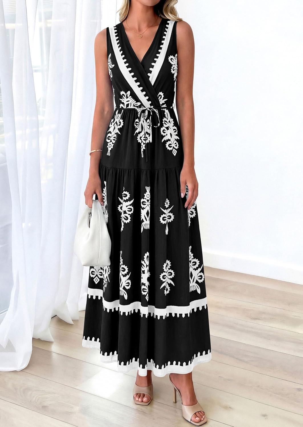 imagePRETTYGARDEN Womens Floral Maxi Dress 2026 Sleeveless Vneck Belt Ruffle Long Dresses Boho Summer Beach Vacation ClothesBlack