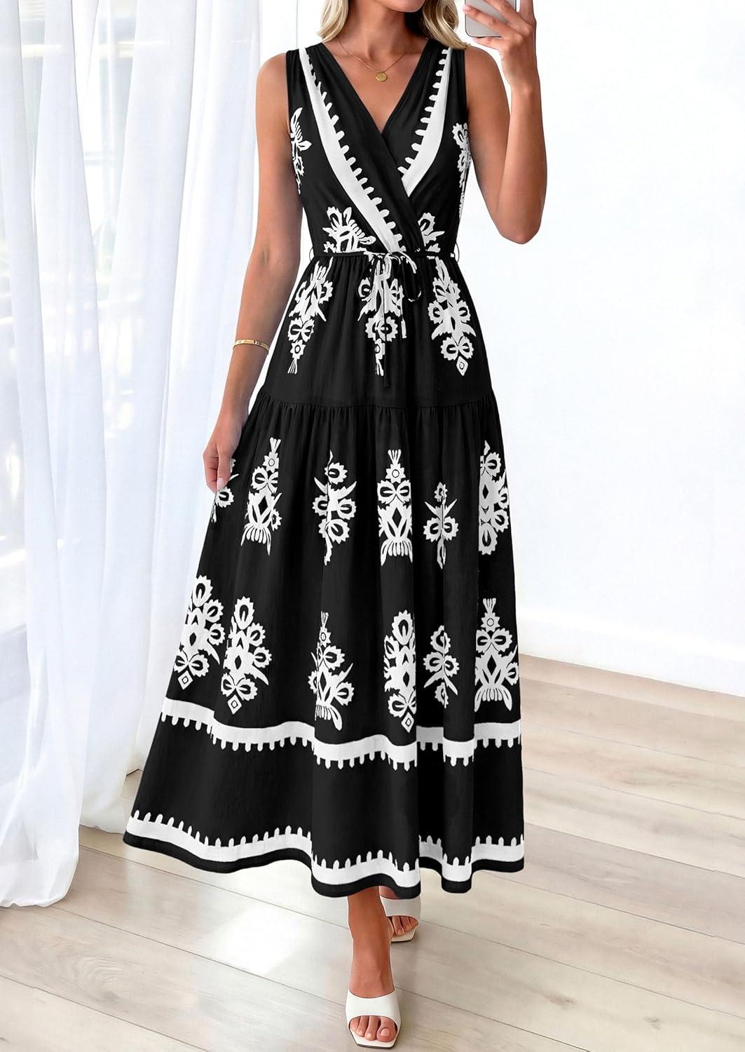 imagePRETTYGARDEN Womens Floral Maxi Dress 2026 Sleeveless Vneck Belt Ruffle Long Dresses Boho Summer Beach Vacation ClothesBlack
