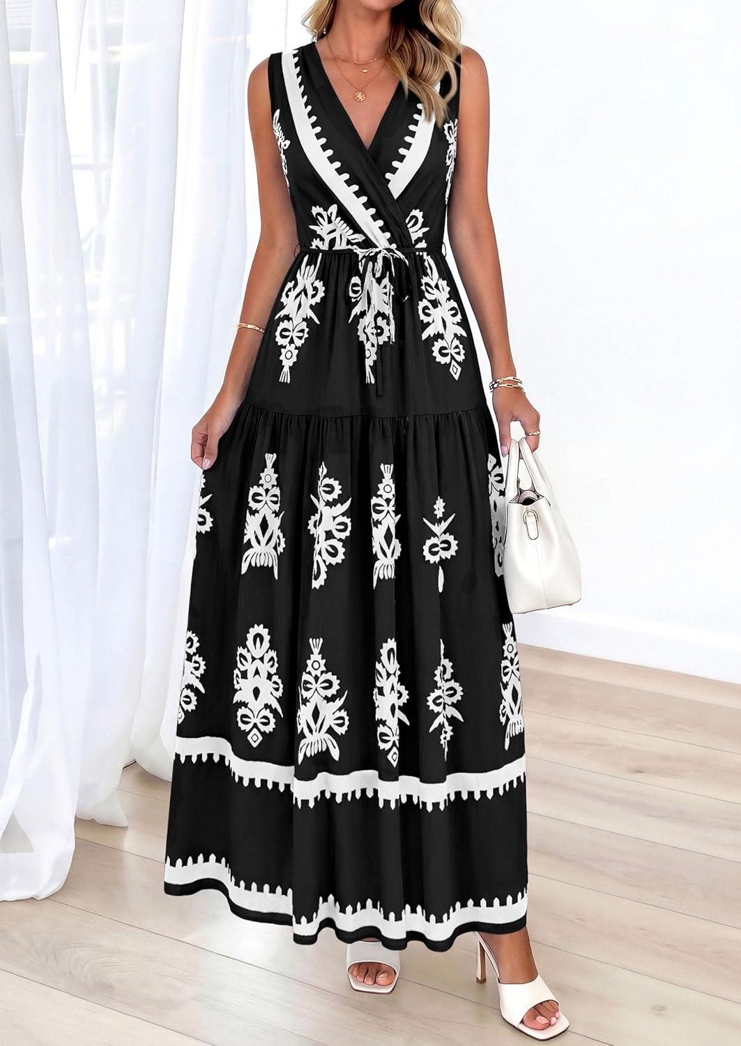 imagePRETTYGARDEN Womens Floral Maxi Dress 2026 Sleeveless Vneck Belt Ruffle Long Dresses Boho Summer Beach Vacation ClothesBlack