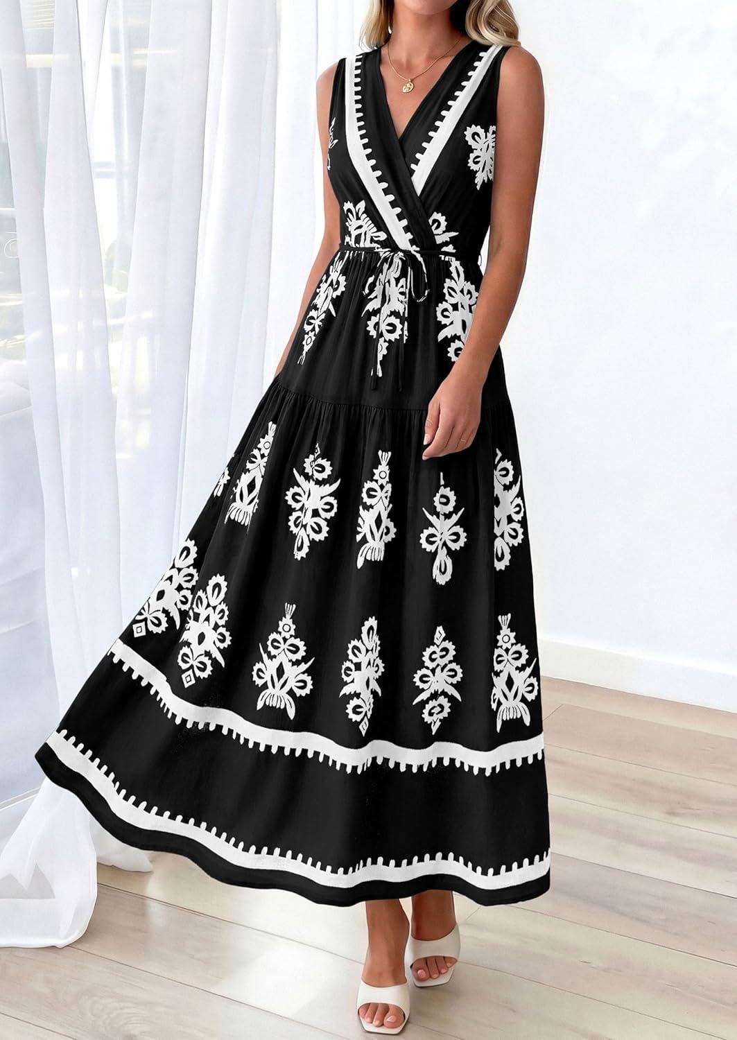 imagePRETTYGARDEN Womens Floral Maxi Dress 2026 Sleeveless Vneck Belt Ruffle Long Dresses Boho Summer Beach Vacation ClothesBlack