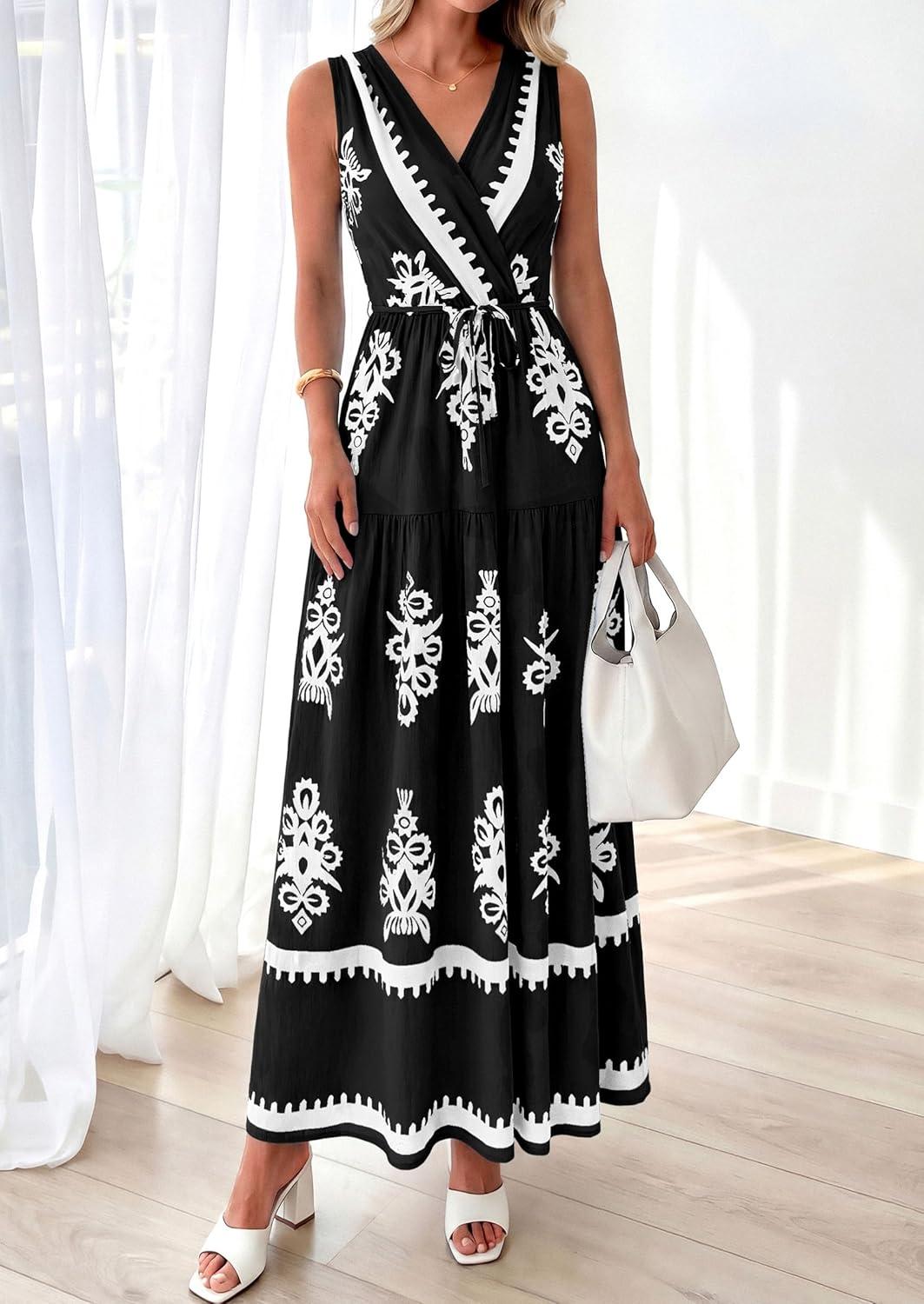imagePRETTYGARDEN Womens Floral Maxi Dress 2026 Sleeveless Vneck Belt Ruffle Long Dresses Boho Summer Beach Vacation ClothesBlack
