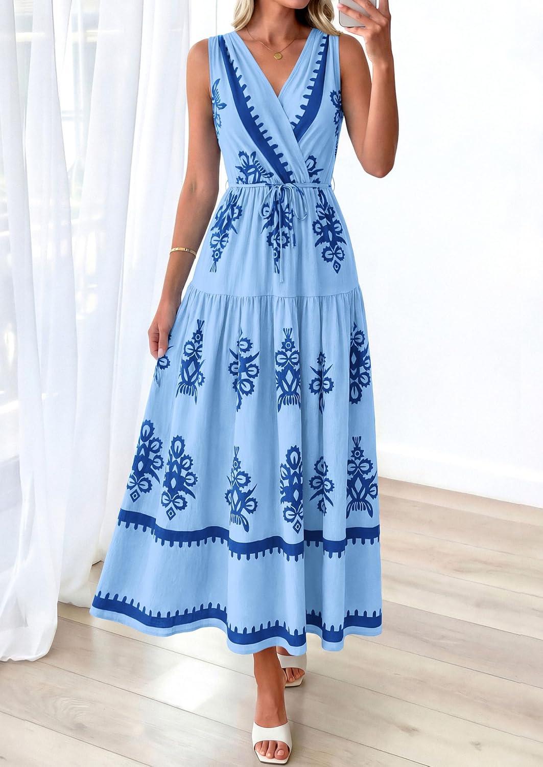 imagePRETTYGARDEN Womens Floral Maxi Dress 2026 Sleeveless Vneck Belt Ruffle Long Dresses Boho Summer Beach Vacation ClothesBlue