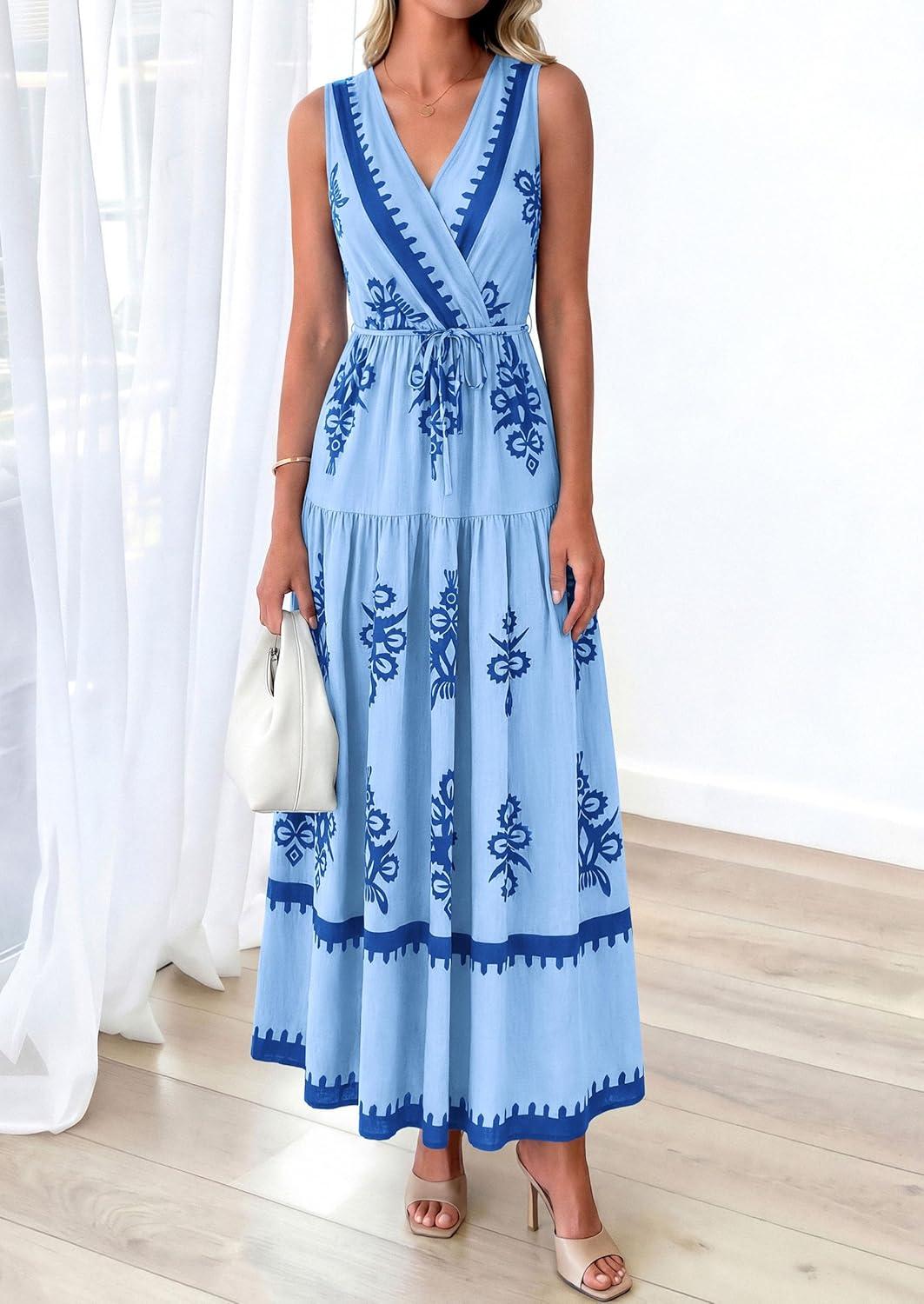 imagePRETTYGARDEN Womens Floral Maxi Dress 2026 Sleeveless Vneck Belt Ruffle Long Dresses Boho Summer Beach Vacation ClothesBlue