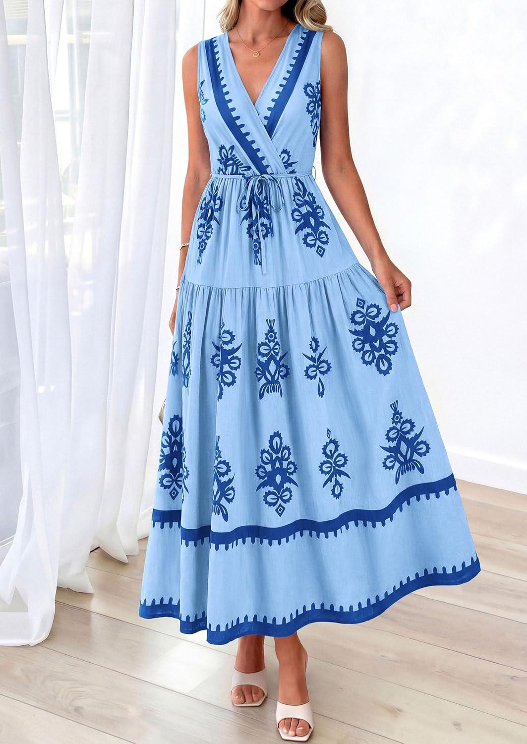 imagePRETTYGARDEN Womens Floral Maxi Dress 2026 Sleeveless Vneck Belt Ruffle Long Dresses Boho Summer Beach Vacation ClothesBlue