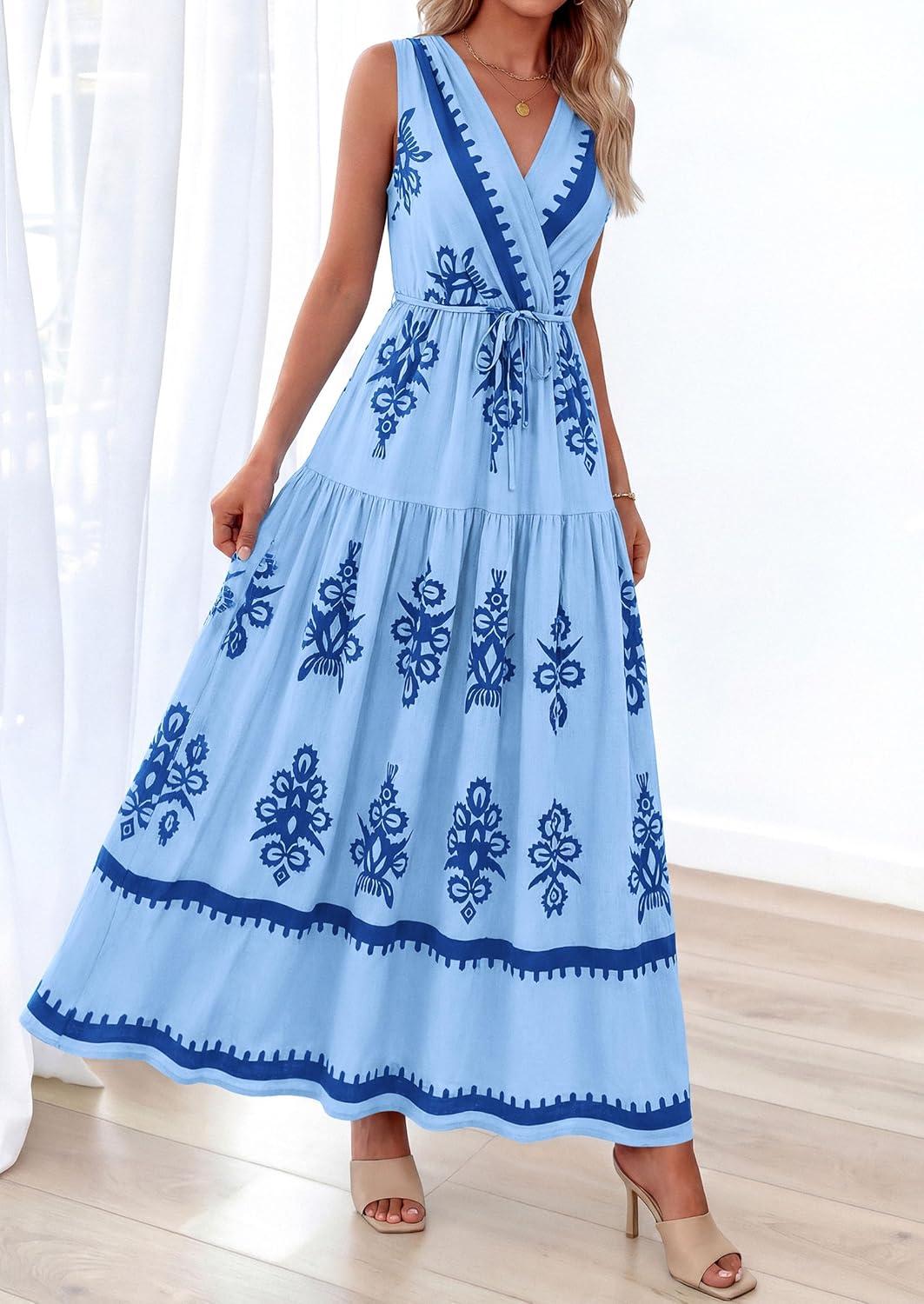 imagePRETTYGARDEN Womens Floral Maxi Dress 2026 Sleeveless Vneck Belt Ruffle Long Dresses Boho Summer Beach Vacation ClothesBlue