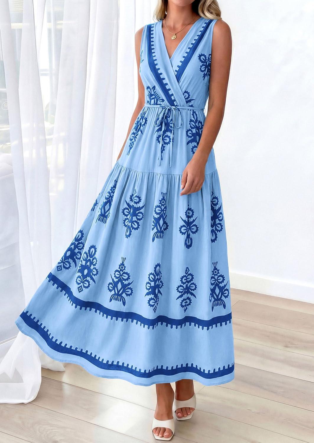 imagePRETTYGARDEN Womens Floral Maxi Dress 2026 Sleeveless Vneck Belt Ruffle Long Dresses Boho Summer Beach Vacation ClothesBlue