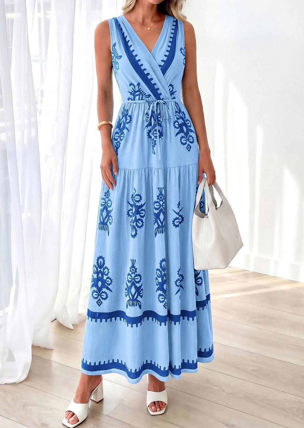 imagePRETTYGARDEN Womens Floral Maxi Dress 2026 Sleeveless Vneck Belt Ruffle Long Dresses Boho Summer Beach Vacation ClothesBlue