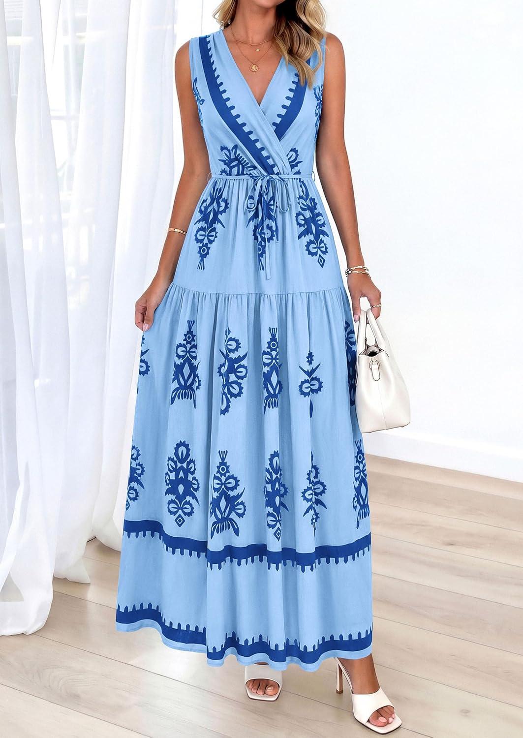 imagePRETTYGARDEN Womens Floral Maxi Dress 2026 Sleeveless Vneck Belt Ruffle Long Dresses Boho Summer Beach Vacation ClothesBlue