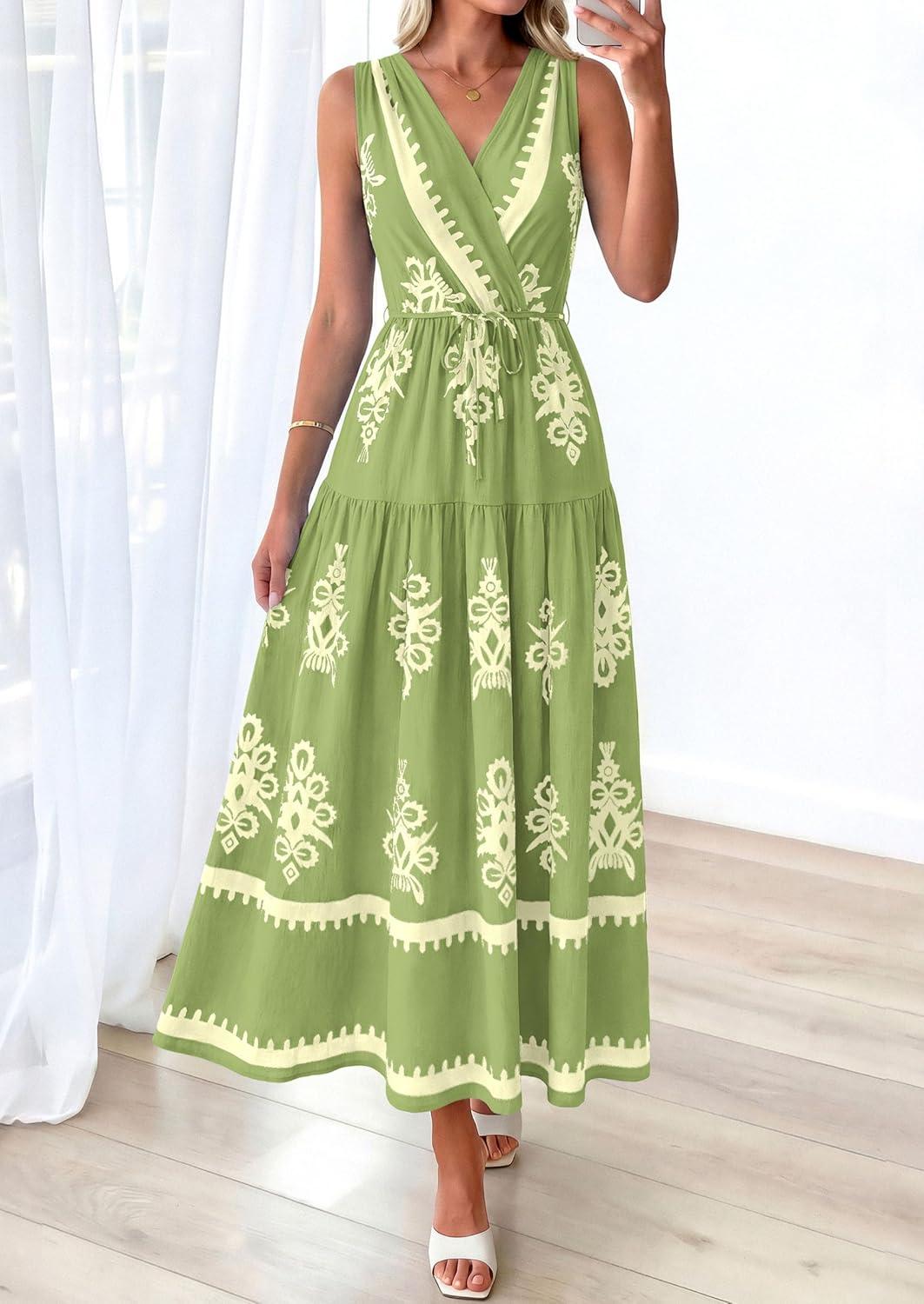 imagePRETTYGARDEN Womens Floral Maxi Dress 2026 Sleeveless Vneck Belt Ruffle Long Dresses Boho Summer Beach Vacation ClothesGreen
