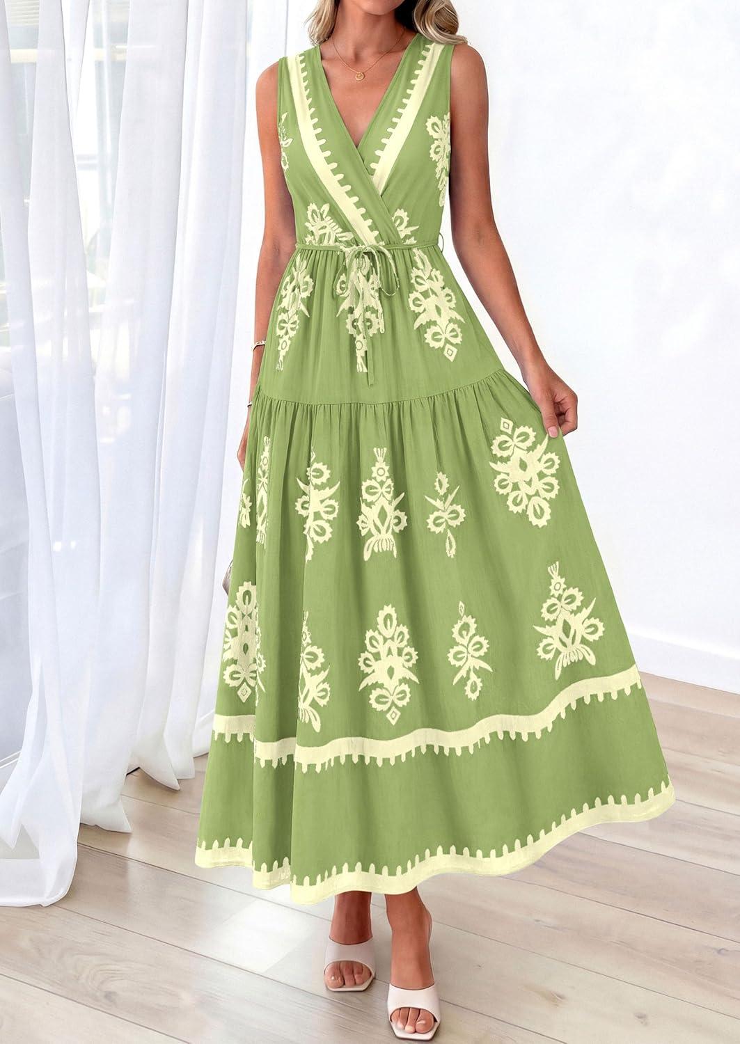 imagePRETTYGARDEN Womens Floral Maxi Dress 2026 Sleeveless Vneck Belt Ruffle Long Dresses Boho Summer Beach Vacation ClothesGreen