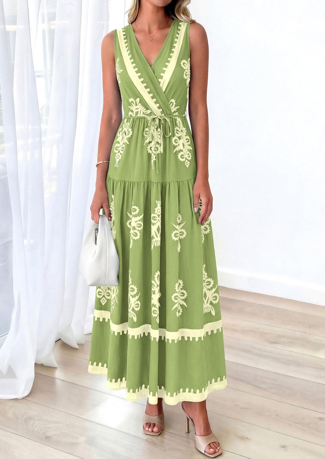 imagePRETTYGARDEN Womens Floral Maxi Dress 2026 Sleeveless Vneck Belt Ruffle Long Dresses Boho Summer Beach Vacation ClothesGreen