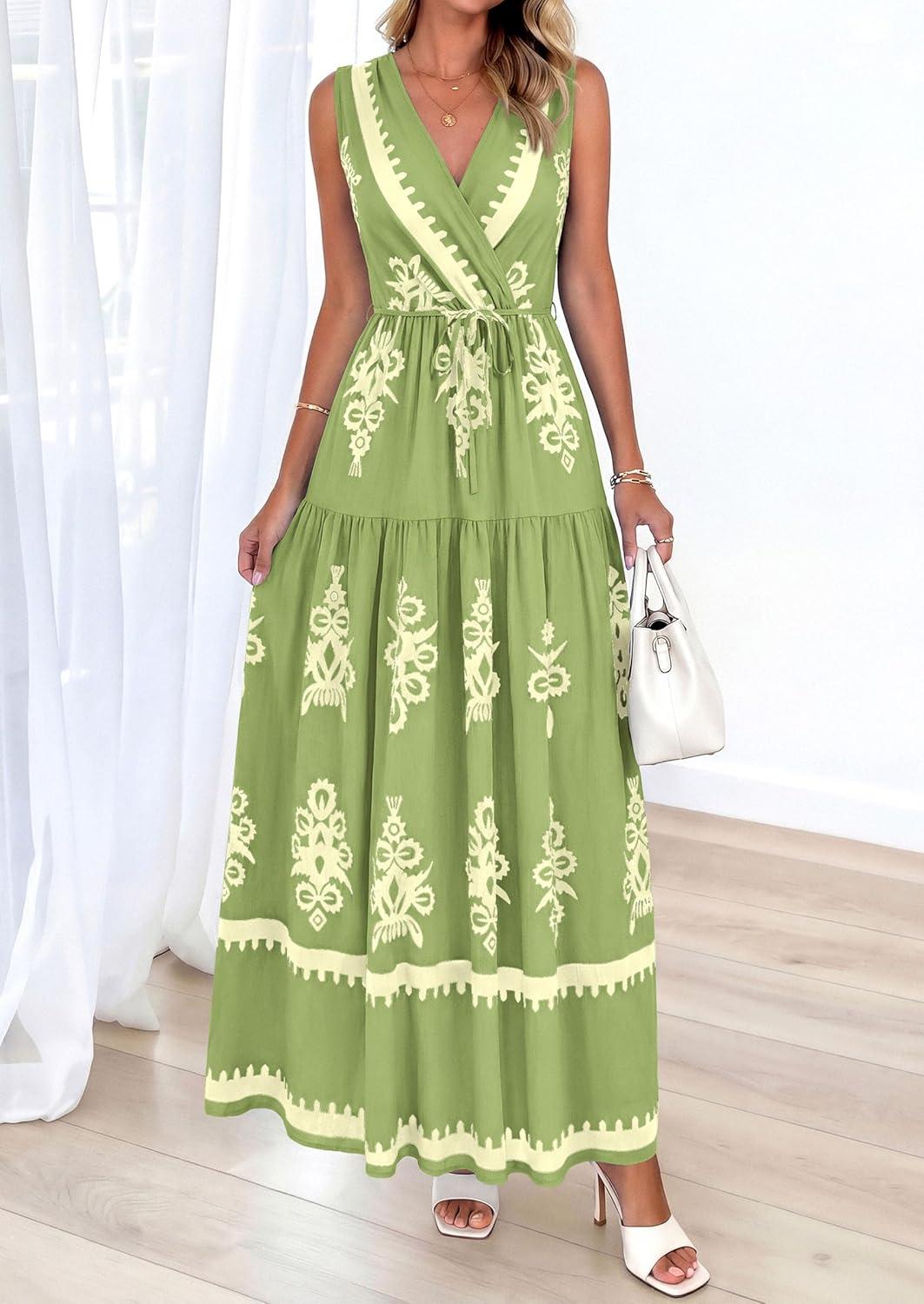 imagePRETTYGARDEN Womens Floral Maxi Dress 2026 Sleeveless Vneck Belt Ruffle Long Dresses Boho Summer Beach Vacation ClothesGreen
