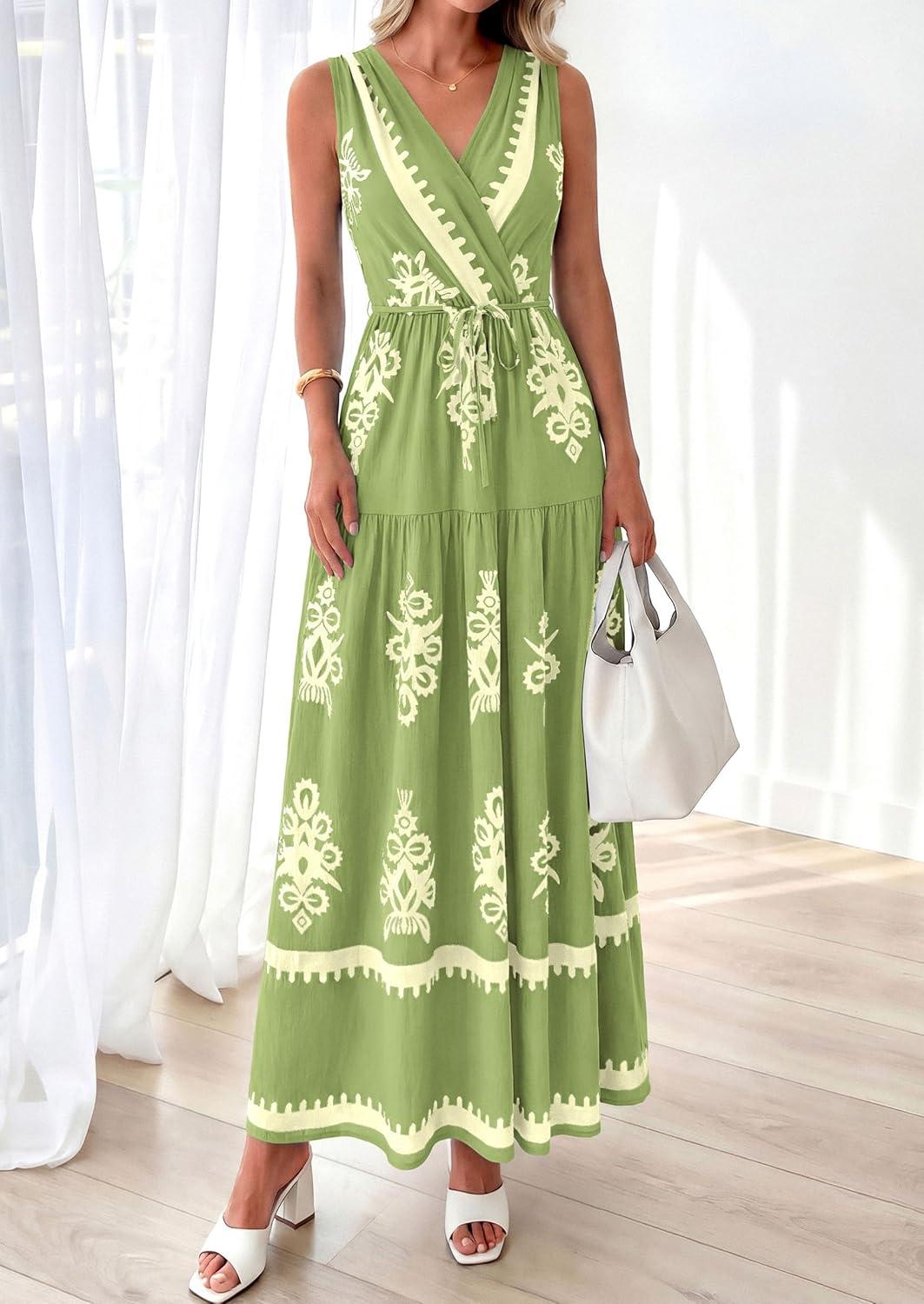 imagePRETTYGARDEN Womens Floral Maxi Dress 2026 Sleeveless Vneck Belt Ruffle Long Dresses Boho Summer Beach Vacation ClothesGreen