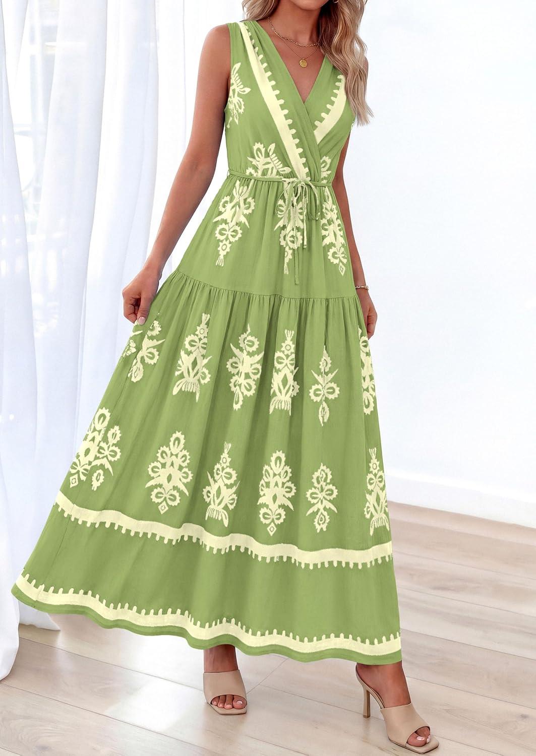 imagePRETTYGARDEN Womens Floral Maxi Dress 2026 Sleeveless Vneck Belt Ruffle Long Dresses Boho Summer Beach Vacation ClothesGreen