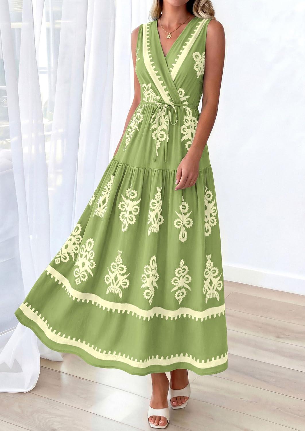 imagePRETTYGARDEN Womens Floral Maxi Dress 2026 Sleeveless Vneck Belt Ruffle Long Dresses Boho Summer Beach Vacation ClothesGreen