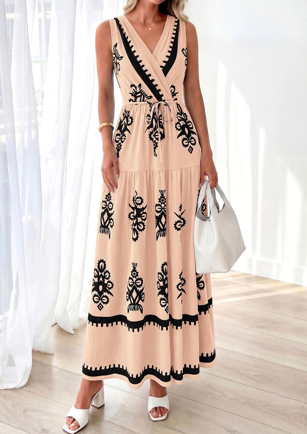 imagePRETTYGARDEN Womens Floral Maxi Dress 2026 Sleeveless Vneck Belt Ruffle Long Dresses Boho Summer Beach Vacation ClothesKhaki