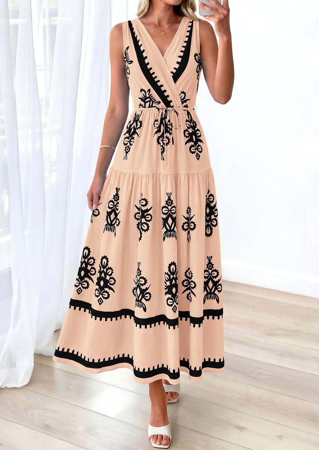 imagePRETTYGARDEN Womens Floral Maxi Dress 2026 Sleeveless Vneck Belt Ruffle Long Dresses Boho Summer Beach Vacation ClothesKhaki