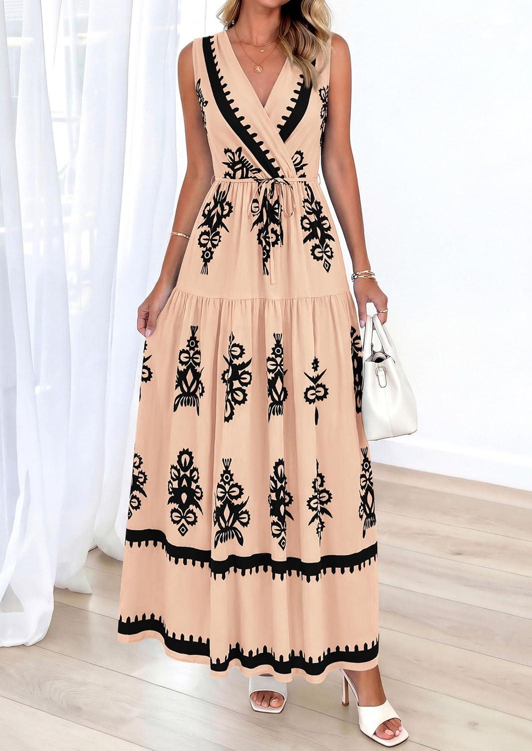 imagePRETTYGARDEN Womens Floral Maxi Dress 2026 Sleeveless Vneck Belt Ruffle Long Dresses Boho Summer Beach Vacation ClothesKhaki