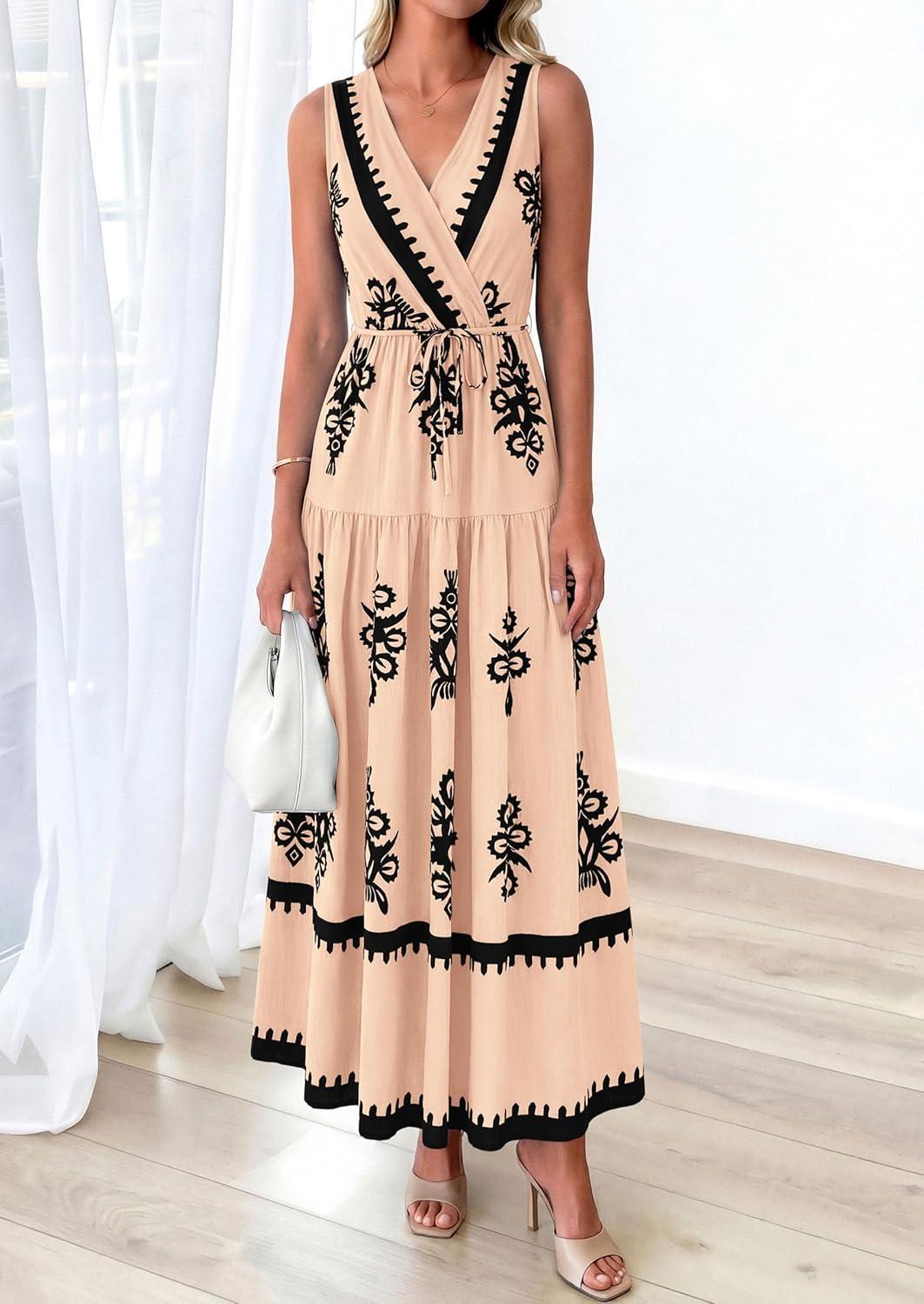 imagePRETTYGARDEN Womens Floral Maxi Dress 2026 Sleeveless Vneck Belt Ruffle Long Dresses Boho Summer Beach Vacation ClothesKhaki