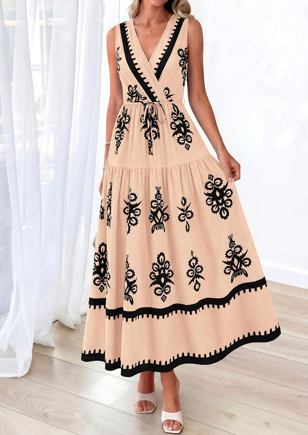 imagePRETTYGARDEN Womens Floral Maxi Dress 2026 Sleeveless Vneck Belt Ruffle Long Dresses Boho Summer Beach Vacation ClothesKhaki