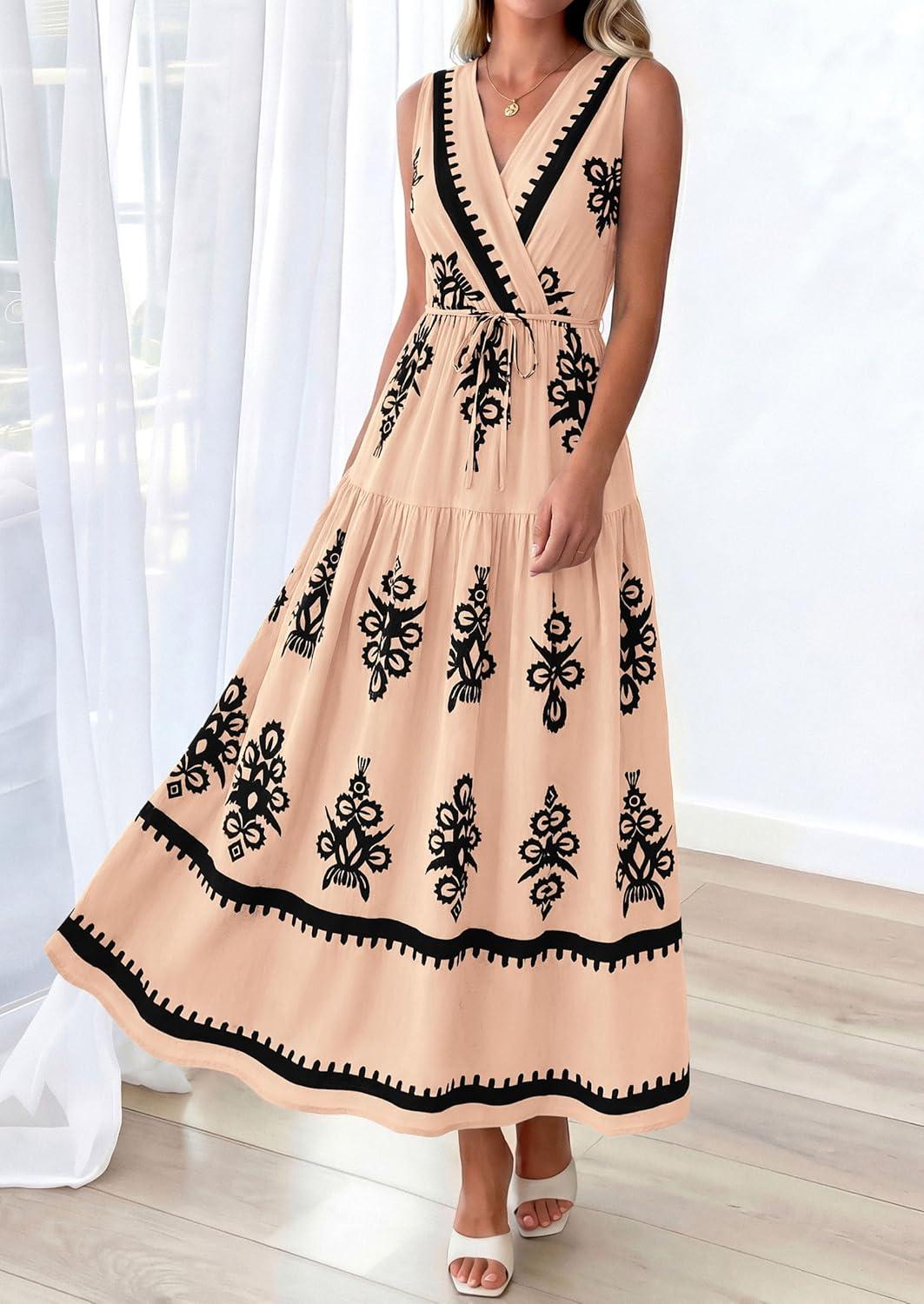 imagePRETTYGARDEN Womens Floral Maxi Dress 2026 Sleeveless Vneck Belt Ruffle Long Dresses Boho Summer Beach Vacation ClothesKhaki