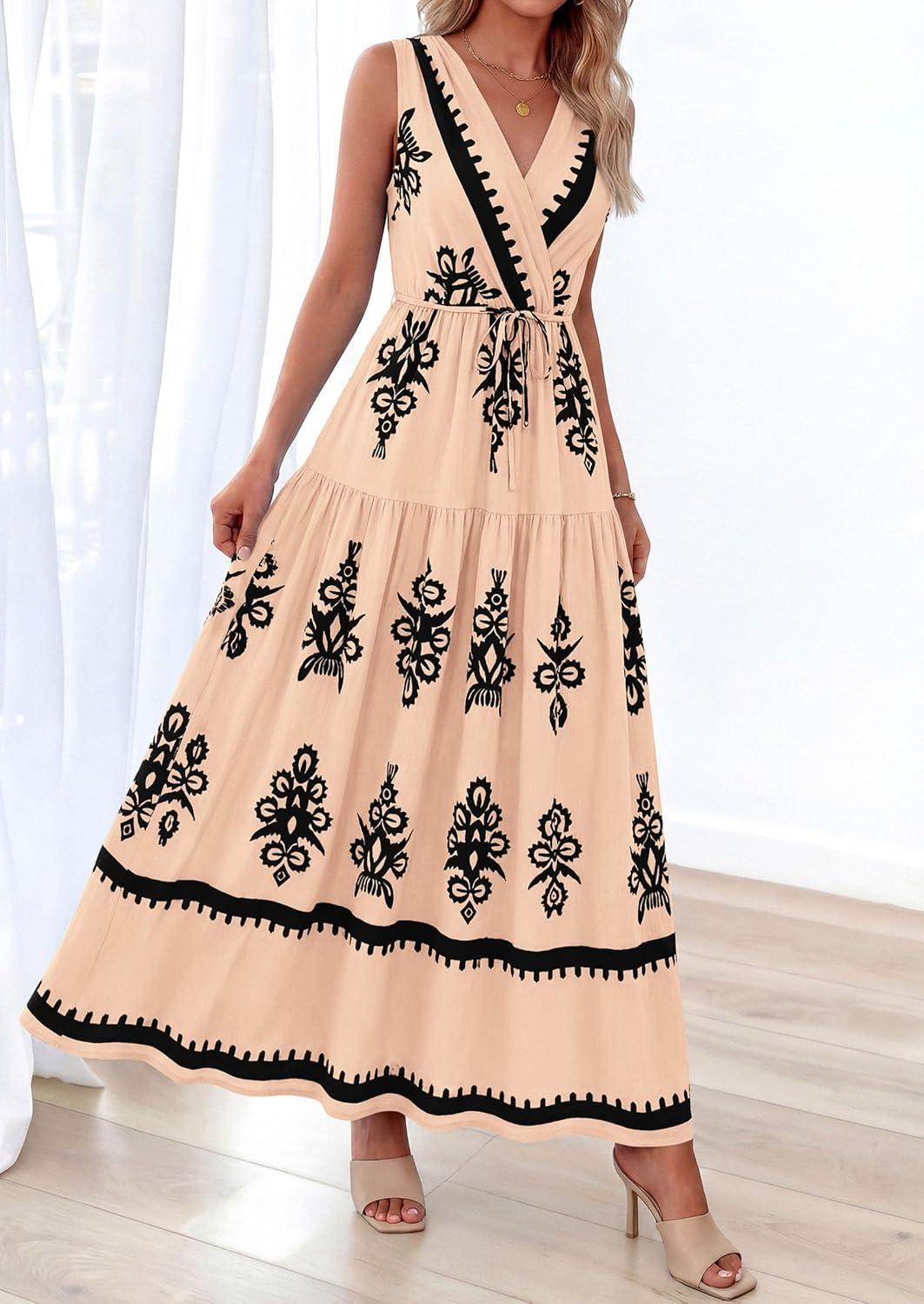 imagePRETTYGARDEN Womens Floral Maxi Dress 2026 Sleeveless Vneck Belt Ruffle Long Dresses Boho Summer Beach Vacation ClothesKhaki
