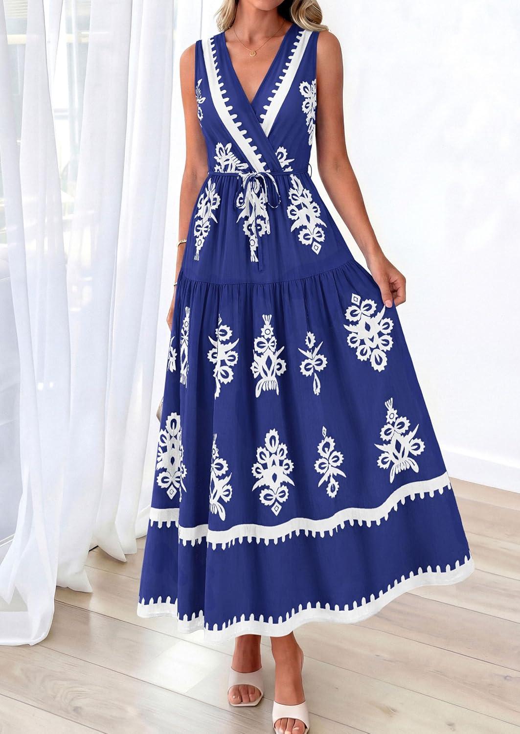imagePRETTYGARDEN Womens Floral Maxi Dress 2026 Sleeveless Vneck Belt Ruffle Long Dresses Boho Summer Beach Vacation ClothesNavy Blue