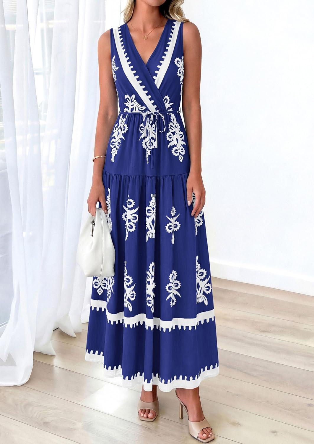 imagePRETTYGARDEN Womens Floral Maxi Dress 2026 Sleeveless Vneck Belt Ruffle Long Dresses Boho Summer Beach Vacation ClothesNavy Blue