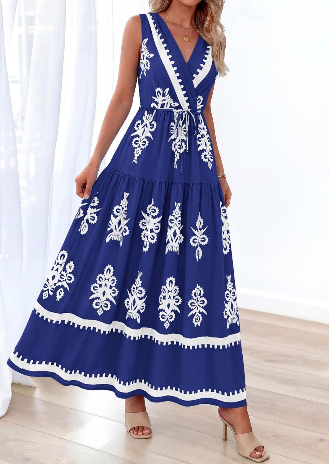 imagePRETTYGARDEN Womens Floral Maxi Dress 2026 Sleeveless Vneck Belt Ruffle Long Dresses Boho Summer Beach Vacation ClothesNavy Blue